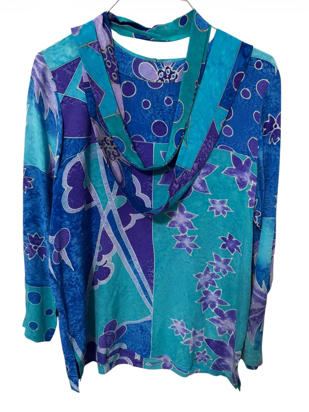 Vintage Blue & Teal Floral Print Long-Sleeve Women's Top 100% Silk